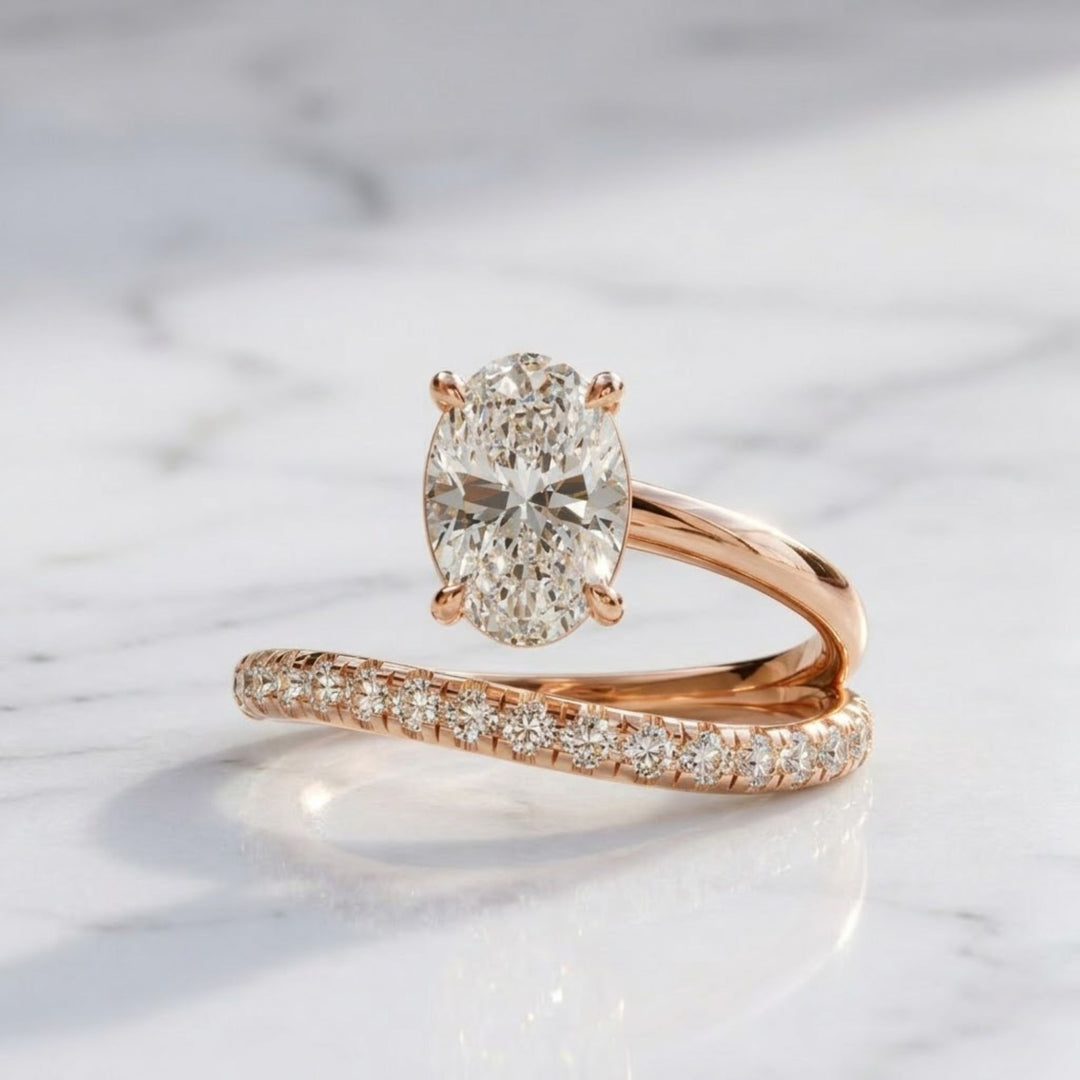 Lab Grown Oval & Round Diamond Engagement Ring, 14K Solid Gold, Bypass Style, Certified, Women's Wedding or Promise Ring