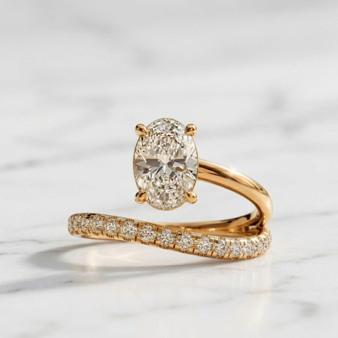 Lab Grown Oval & Round Diamond Engagement Ring, 14K Solid Gold, Bypass Style, Certified, Women's Wedding or Promise Ring