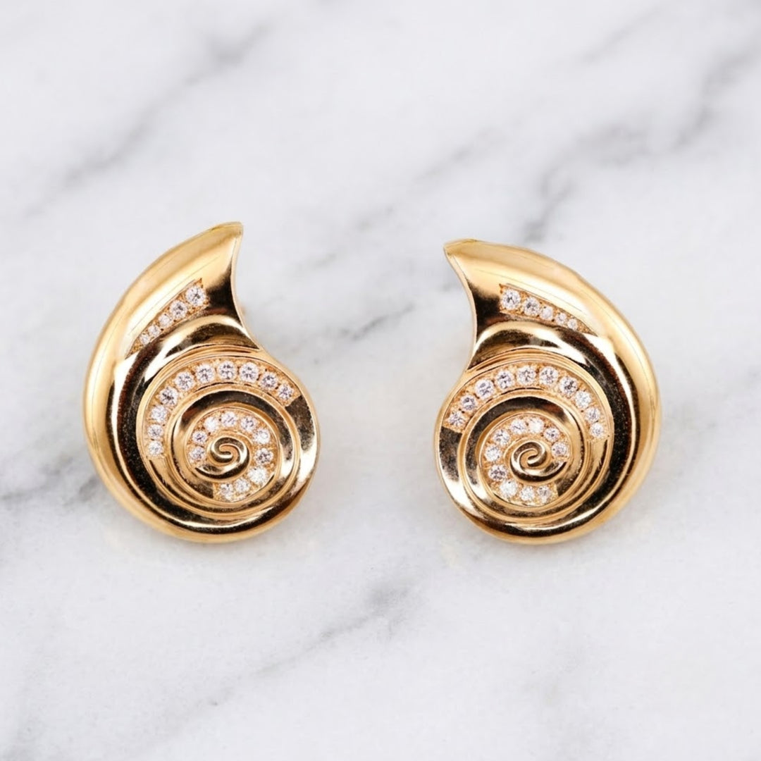 14K Solid Gold 0.47 Ct Natural Diamond Spiral Shell Studs