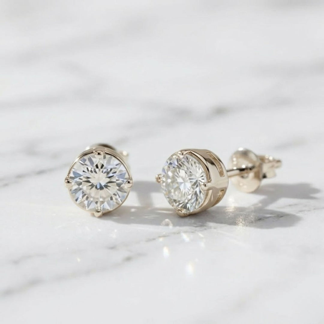 14K Gold Lab Grown Diamond Earrings Stud, Screw Back Round Cut, 2.00 CT, Diamond Tester Approved Minimalist Jewelry