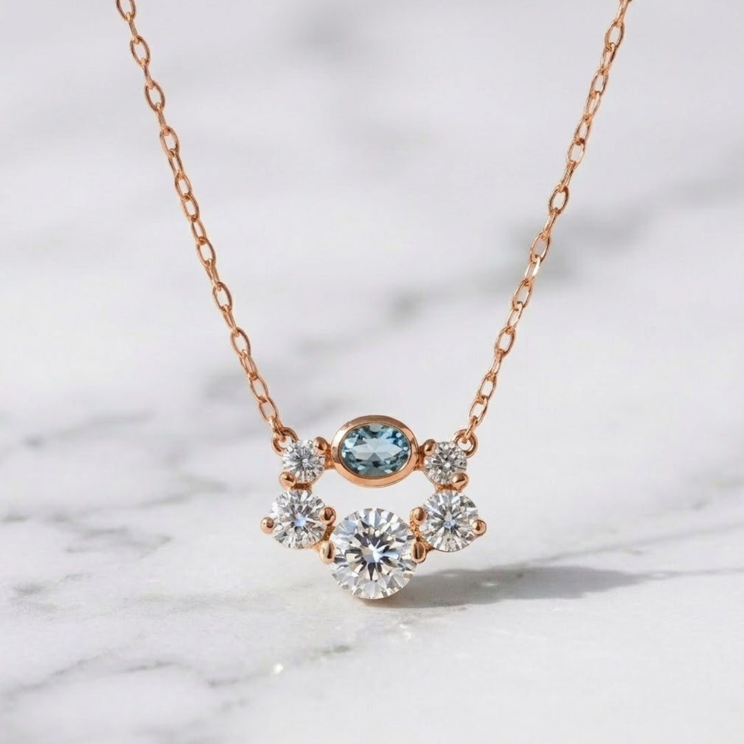 Oval Blue Sapphire Necklace with Lab Grown Diamonds | 14K Gold Bezel Set Necklace Gift for Her