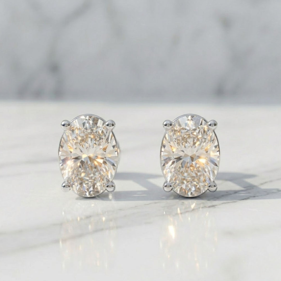 Oval-Cut Lab Grown Diamond Stud Earrings/ 14K White Gold Solitaire Dainty Studs For Women/ IGI Certified Diamond Bridal Stud Earrings