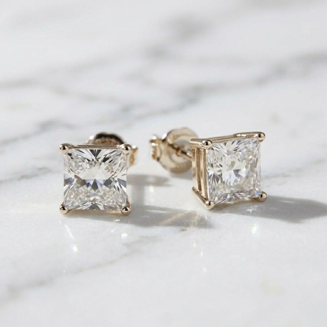 14K Gold Lab Diamond Princess-Cut Stud Earrings, Classy Square Diamond Studs, With Secure Screw back