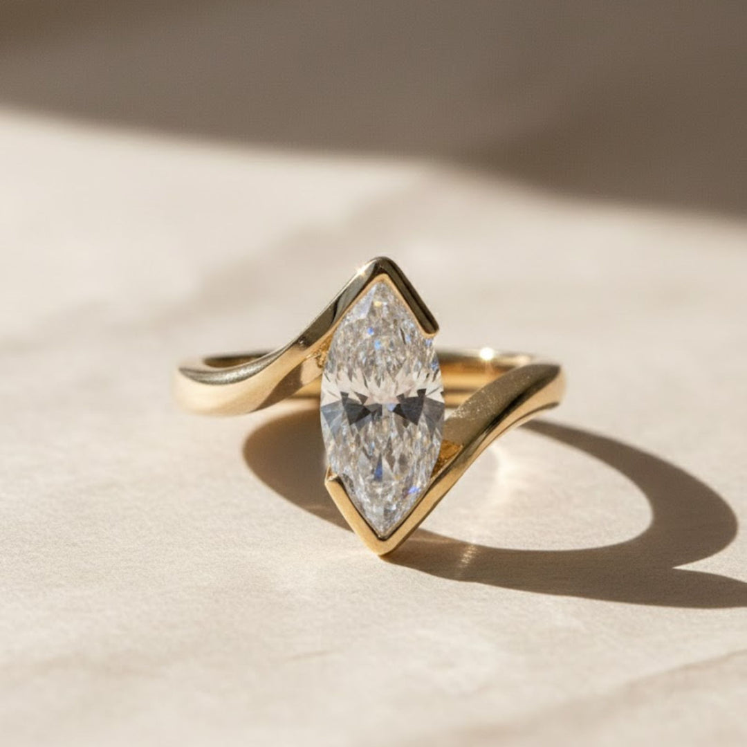 Lab Grown Marquise Diamond Ring, 2.00ct White F+ VS+ Certified, 9K & 14K Gold Bypass Engagement or Anniversary Gift, Modern Swirl Design