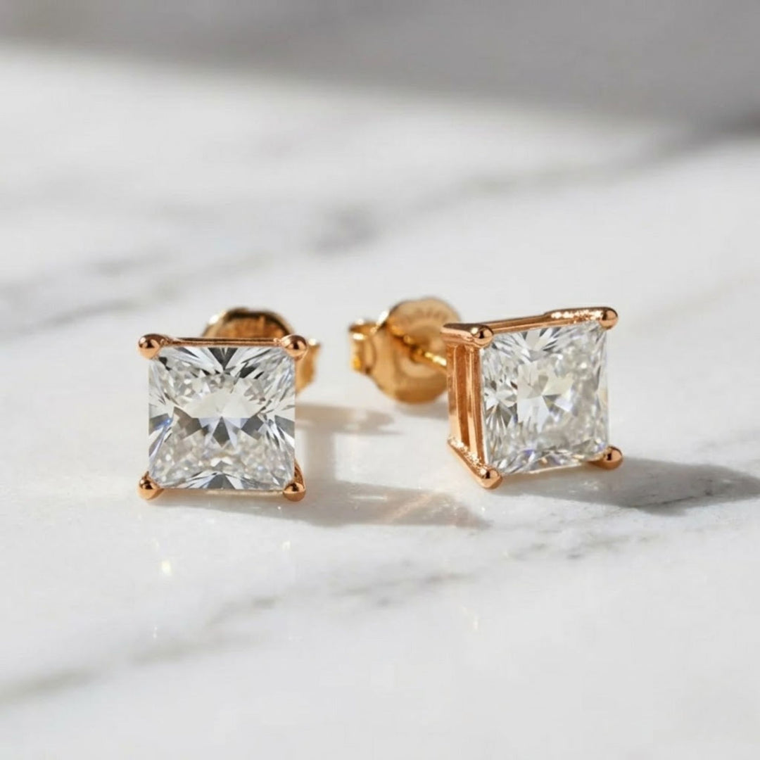 14K Gold Lab Diamond Princess-Cut Stud Earrings, Classy Square Diamond Studs, With Secure Screw back