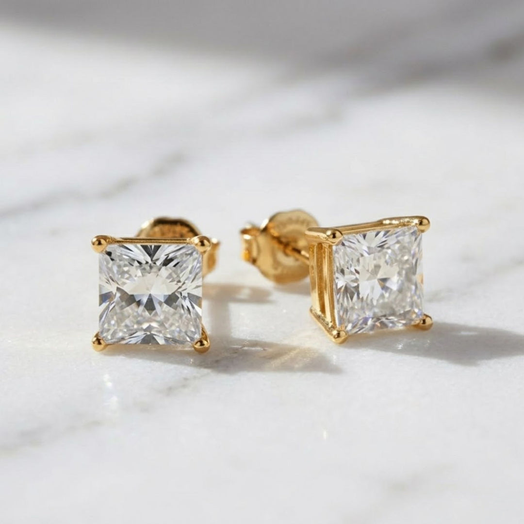 14K Gold Lab Diamond Princess-Cut Stud Earrings, Classy Square Diamond Studs, With Secure Screw back