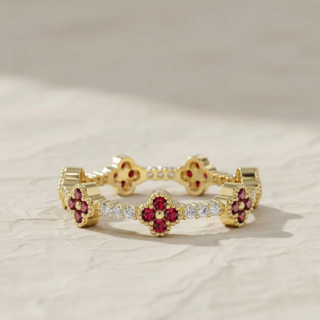 Clover Ring / Full Eternity Ruby and Diamond Ring in 14k Gold / Stacking Ring / Ruby Stackable Ring / July Birthstone Jwalin Jewels