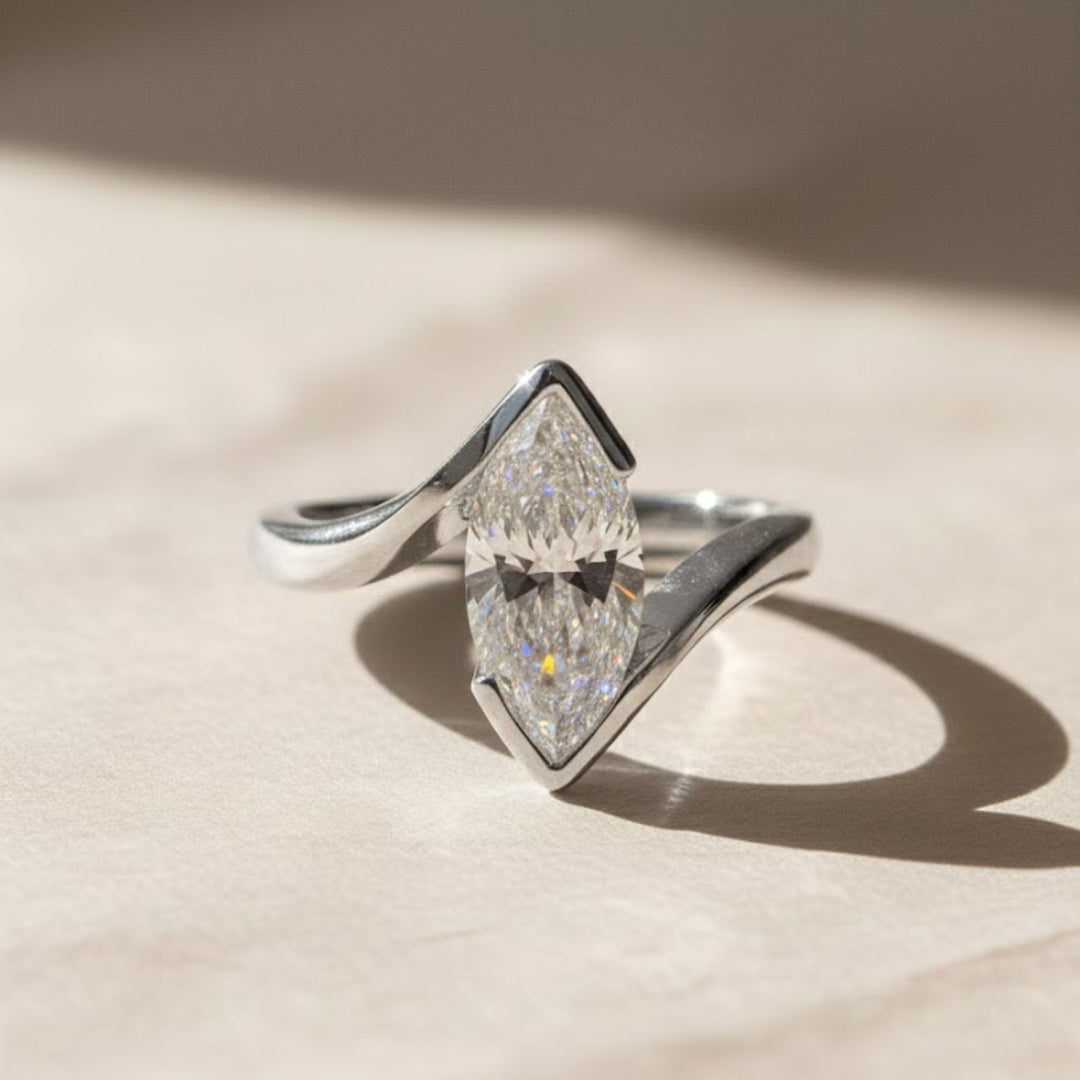 Lab Grown Marquise Diamond Ring, 2.00ct White F+ VS+ Certified, 9K & 14K Gold Bypass Engagement or Anniversary Gift, Modern Swirl Design