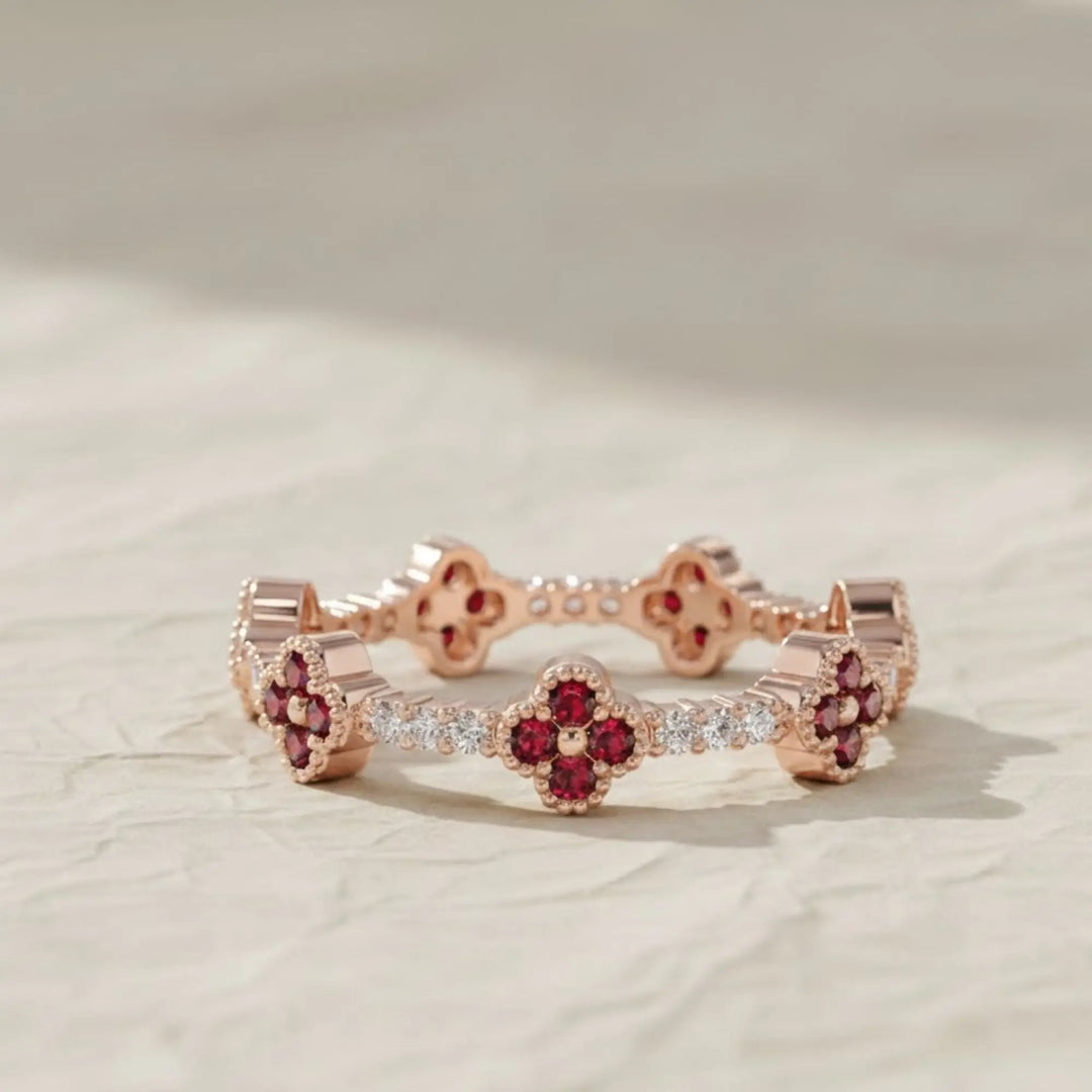 Clover Ring / Full Eternity Ruby and Diamond Ring in 14k Gold / Stacking Ring / Ruby Stackable Ring / July Birthstone Jwalin Jewels