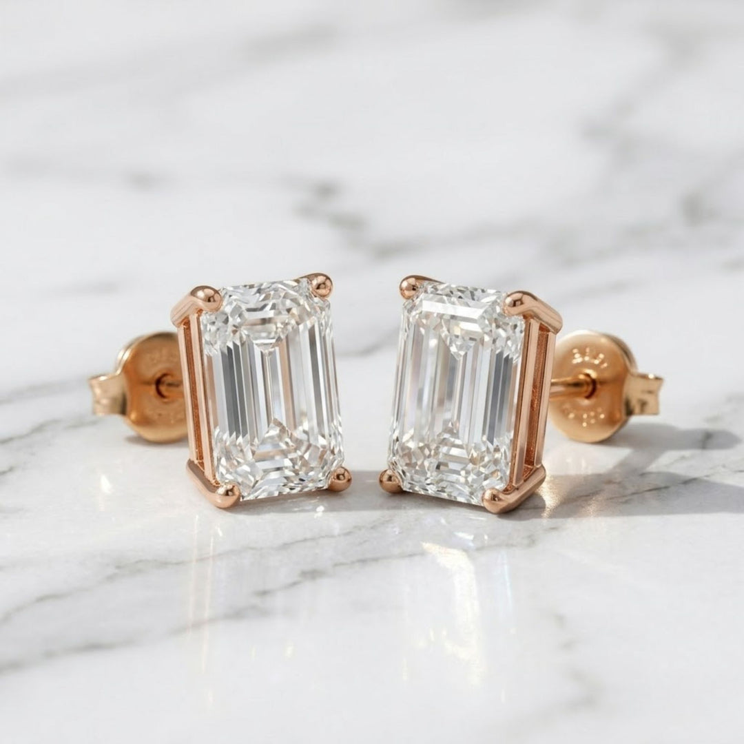 Emerald Cut Lab Grown Diamond Stud Earrings, Everyday Wear Minimalist Stud Earrings, Prong Set Solitaire Earrings, CVD Diamond Studs