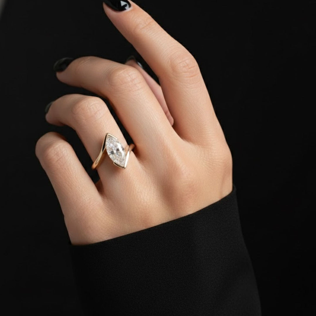 Lab Grown Marquise Diamond Ring, 2.00ct White F+ VS+ Certified, 9K & 14K Gold Bypass Engagement or Anniversary Gift, Modern Swirl Design