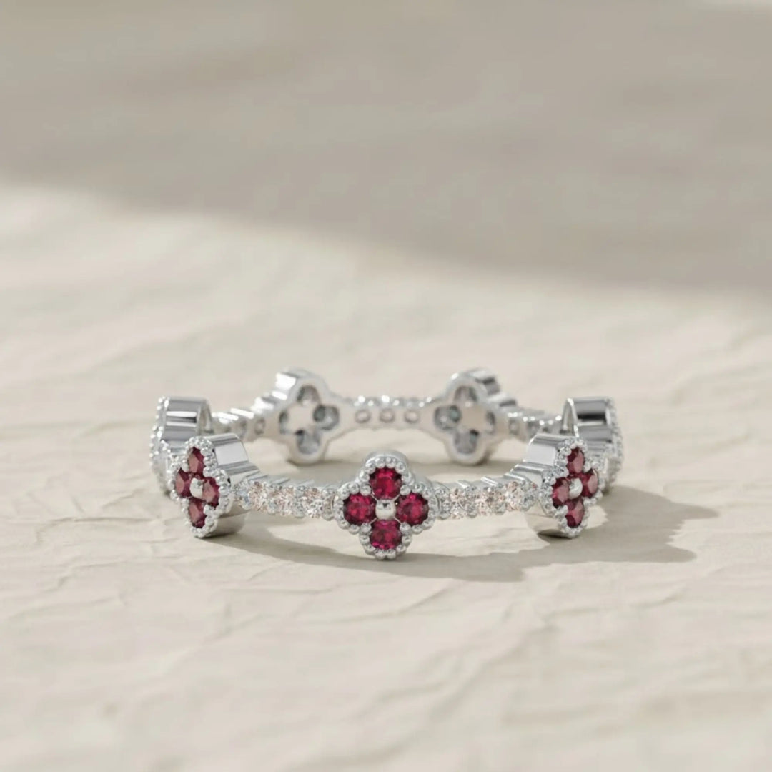 Clover Ring / Full Eternity Ruby and Diamond Ring in 14k Gold / Stacking Ring / Ruby Stackable Ring / July Birthstone Jwalin Jewels