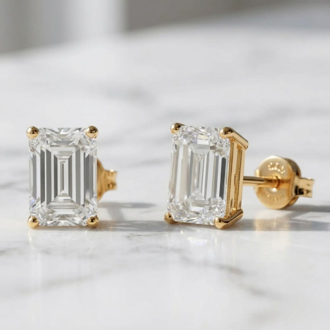 Emerald Cut Lab Grown Diamond Stud Earrings, Everyday Wear Minimalist Stud Earrings, Prong Set Solitaire Earrings, CVD Diamond Studs