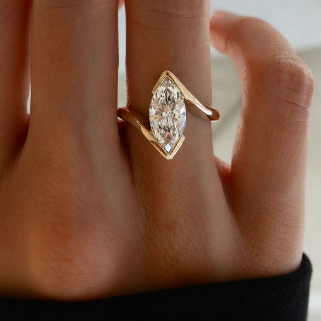 Lab Grown Marquise Diamond Ring, 2.00ct White F+ VS+ Certified, 9K & 14K Gold Bypass Engagement or Anniversary Gift, Modern Swirl Design