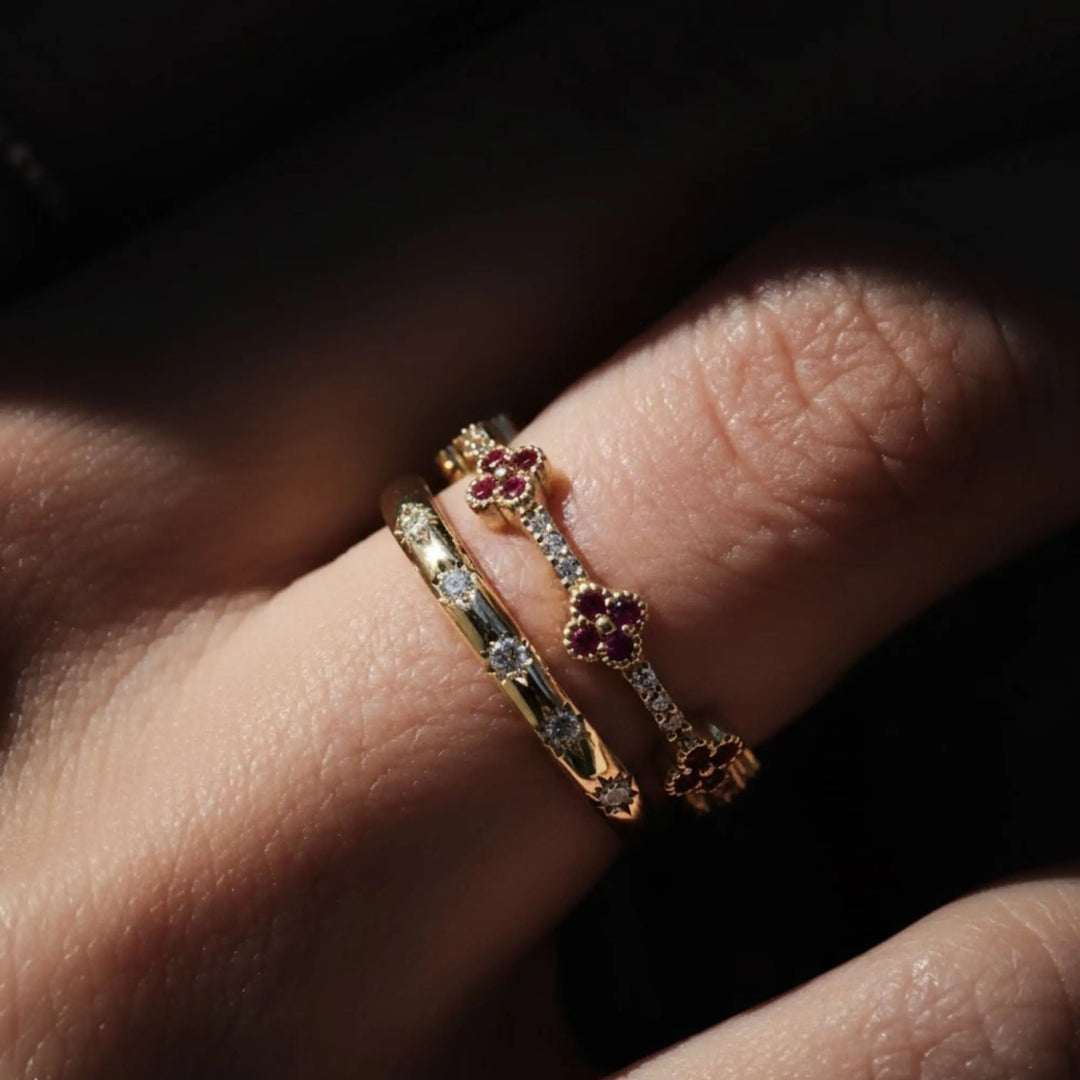 Clover Ring / Full Eternity Ruby and Diamond Ring in 14k Gold / Stacking Ring / Ruby Stackable Ring / July Birthstone Jwalin Jewels