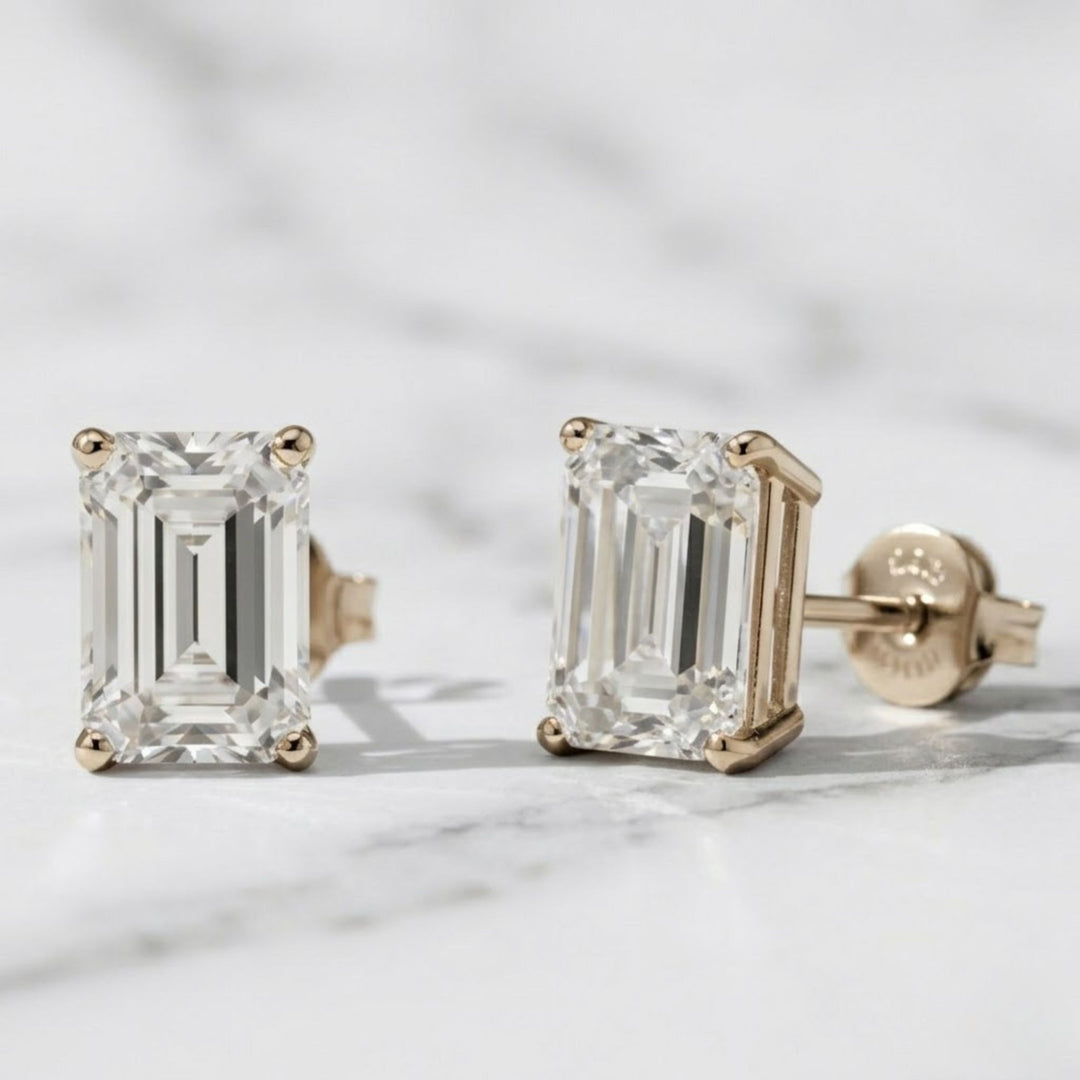 Emerald Cut Lab Grown Diamond Stud Earrings, Everyday Wear Minimalist Stud Earrings, Prong Set Solitaire Earrings, CVD Diamond Studs