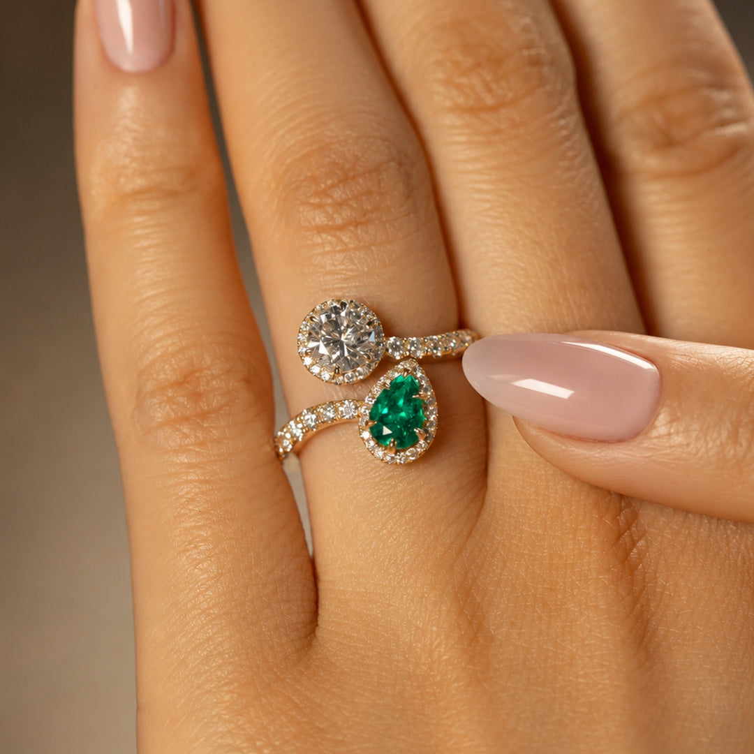 Natural Round Diamond & Natural Pear Emerald Toi et Moi Ring GIA Certified