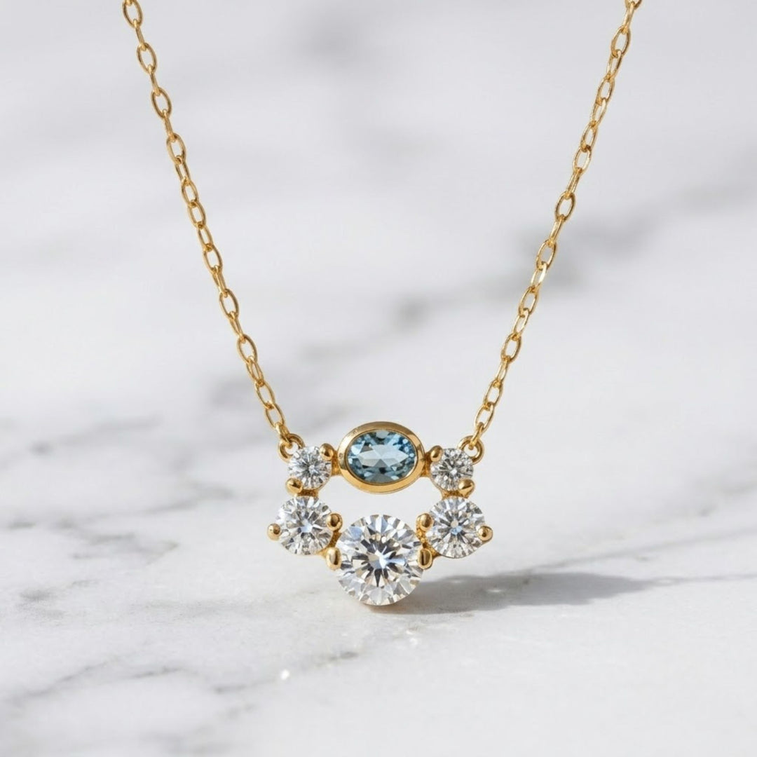 Oval Blue Sapphire Necklace with Lab Grown Diamonds | 14K Gold Bezel Set Necklace Gift for Her