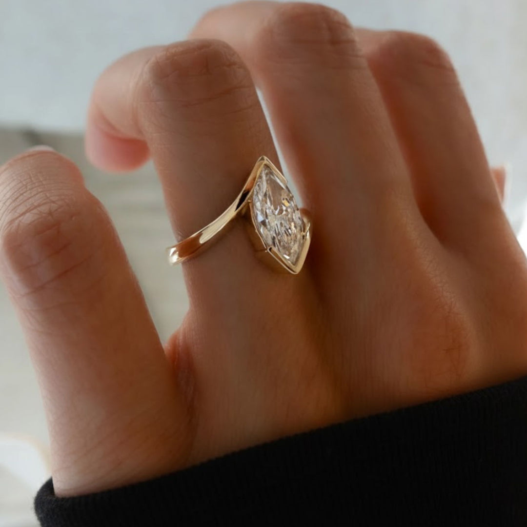 Lab Grown Marquise Diamond Ring, 2.00ct White F+ VS+ Certified, 9K & 14K Gold Bypass Engagement or Anniversary Gift, Modern Swirl Design