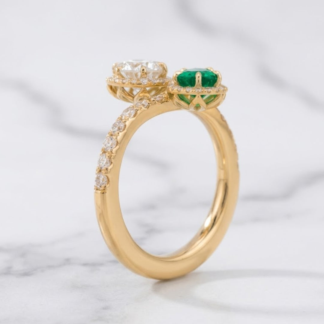 Natural Round Diamond & Natural Pear Emerald Toi et Moi Ring GIA Certified