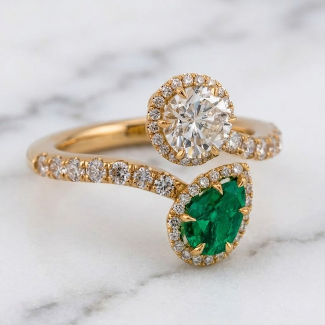 Natural Round Diamond & Natural Pear Emerald Toi et Moi Ring GIA Certified