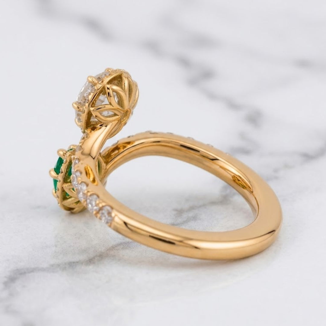 Natural Round Diamond & Natural Pear Emerald Toi et Moi Ring GIA Certified