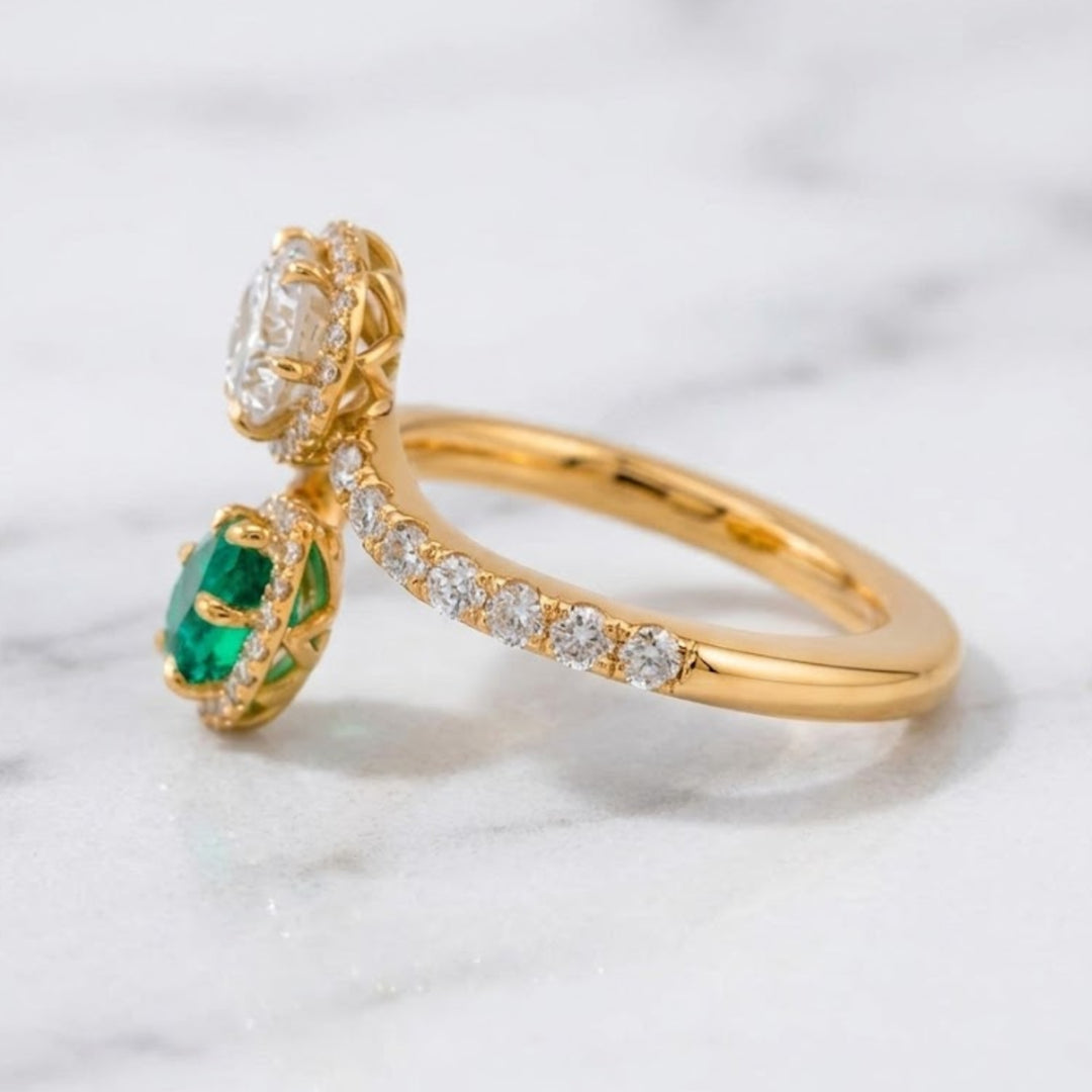 Natural Round Diamond & Natural Pear Emerald Toi et Moi Ring GIA Certified