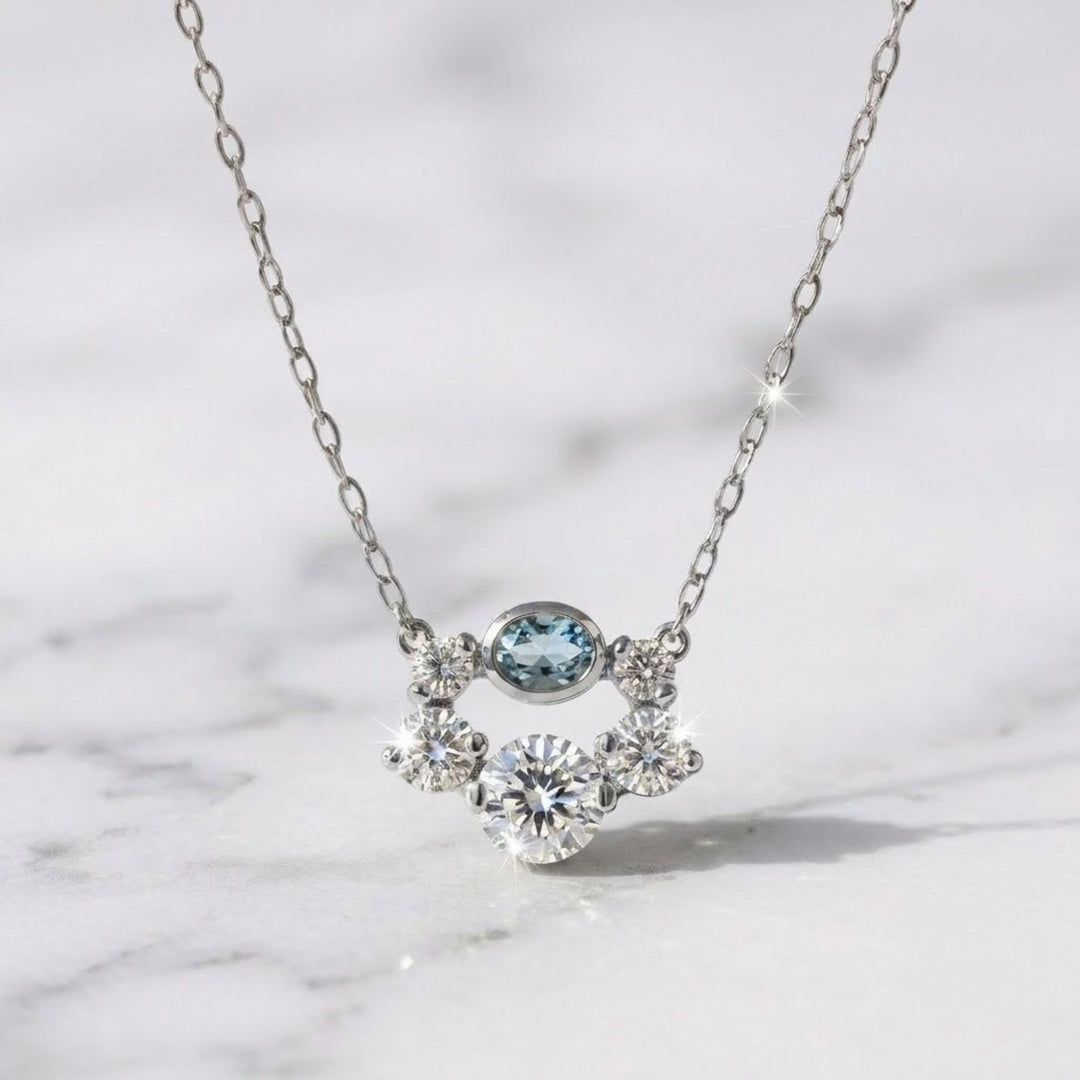 Oval Blue Sapphire Necklace with Lab Grown Diamonds | 14K Gold Bezel Set Necklace Gift for Her