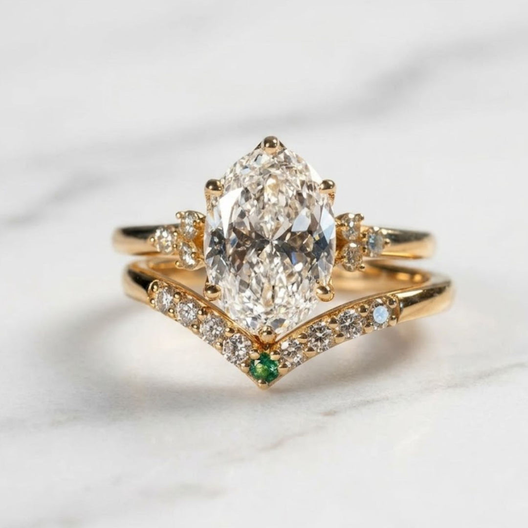 2.00 CT Oval Lab Grown Diamond Engagement Ring Set, Emerald & Diamond Accent Band, 9K–18K Solid Gold