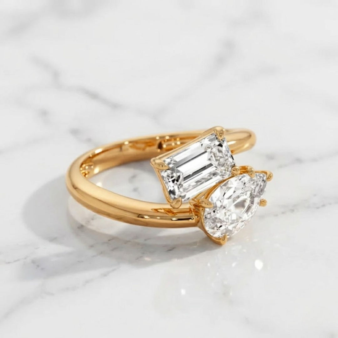 2.00 Ctw Lab Diamond Toi et Moi Ring, Pear and Emerald Cut Diamonds, 14k Gold Two Stone Engagement Ring