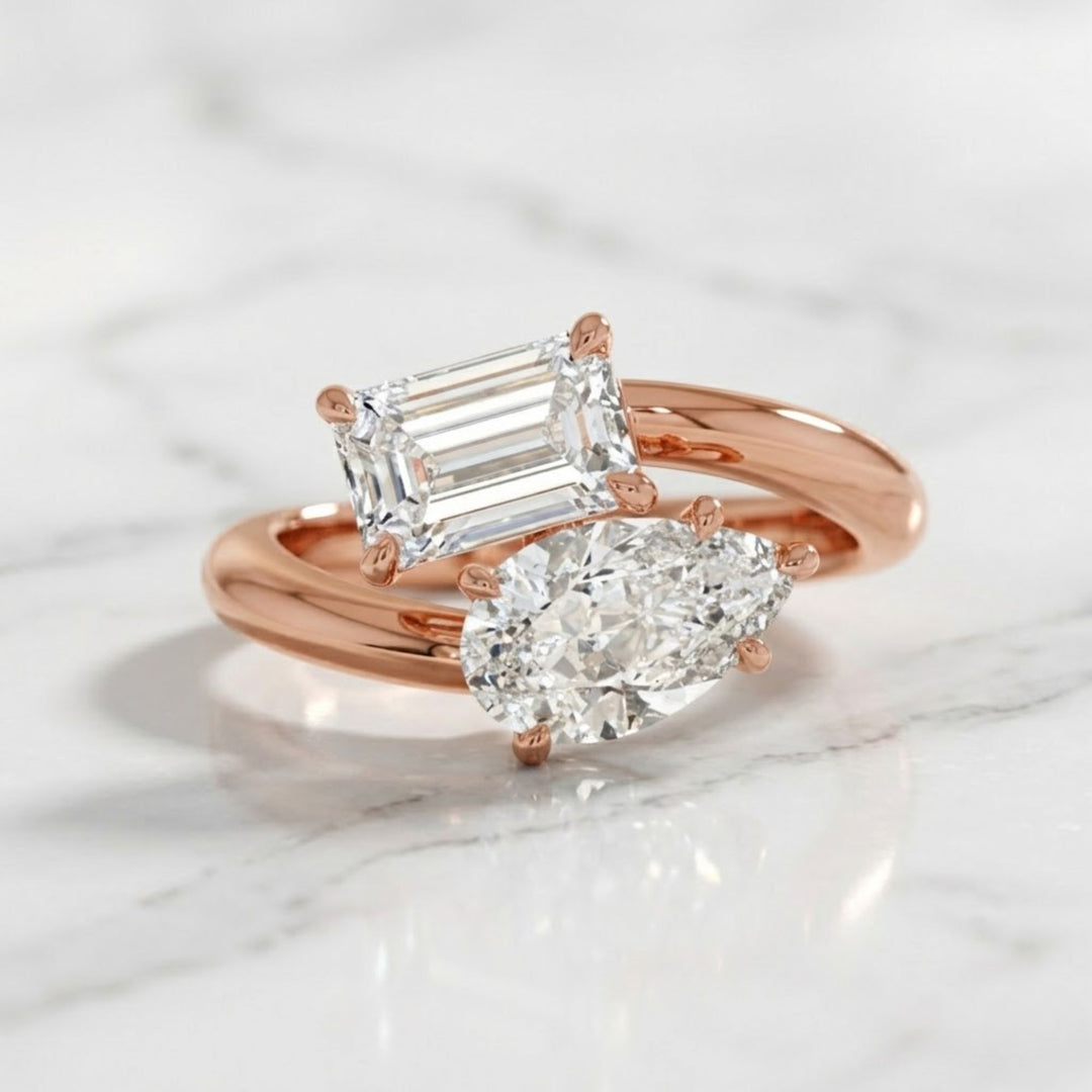 2.00 Ctw Lab Diamond Toi et Moi Ring, Pear and Emerald Cut Diamonds, 14k Gold Two Stone Engagement Ring