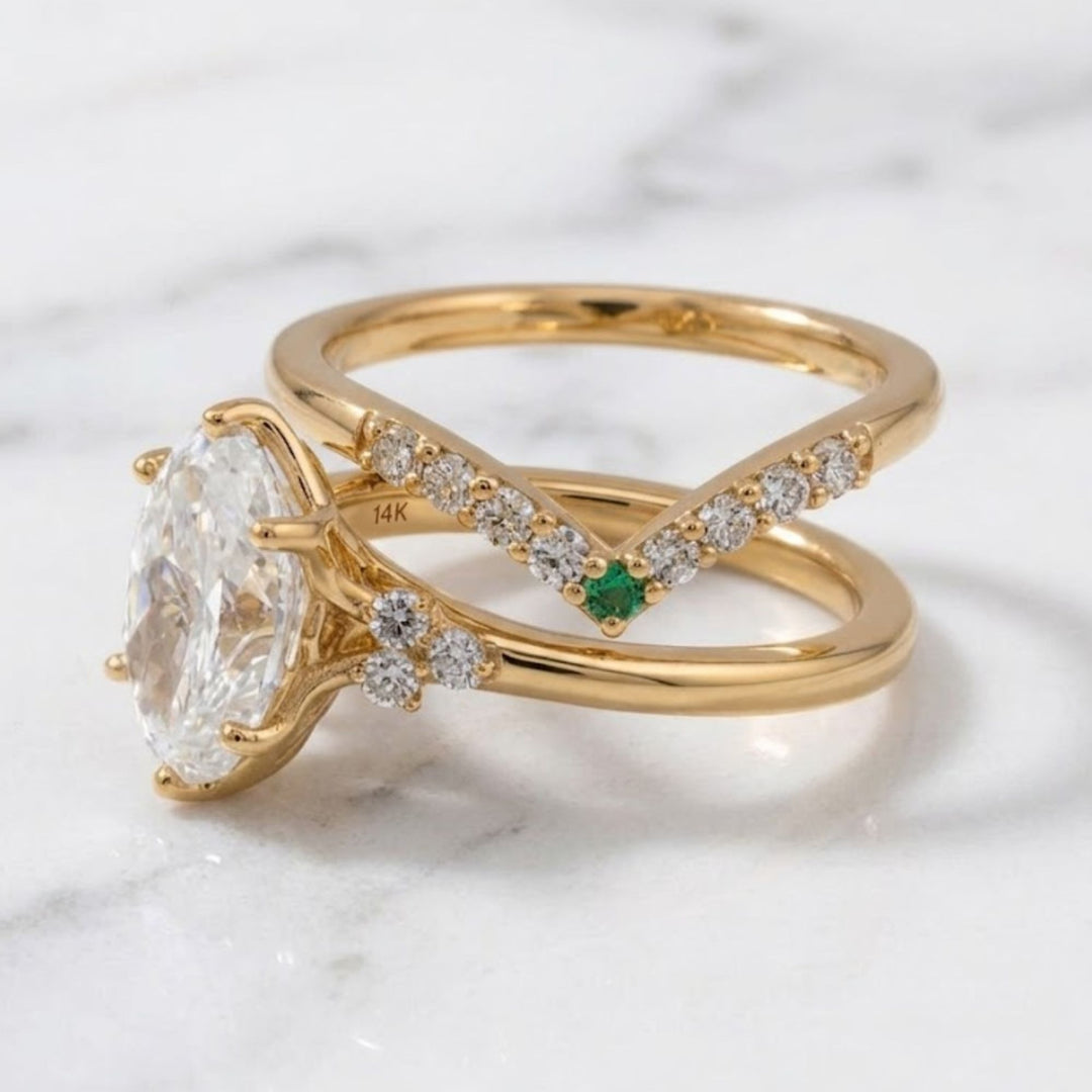 2.00 CT Oval Lab Grown Diamond Engagement Ring Set, Emerald & Diamond Accent Band, 9K–18K Solid Gold