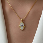 Load image into Gallery viewer, 14K Gold Lab Grown Diamond Hamsa Pendant • Pave Hand Charm • Protective Amulet Necklace Charm Jwalin Jewels