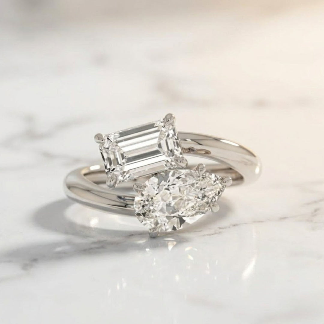 2.00 Ctw Lab Diamond Toi et Moi Ring, Pear and Emerald Cut Diamonds, 14k Gold Two Stone Engagement Ring