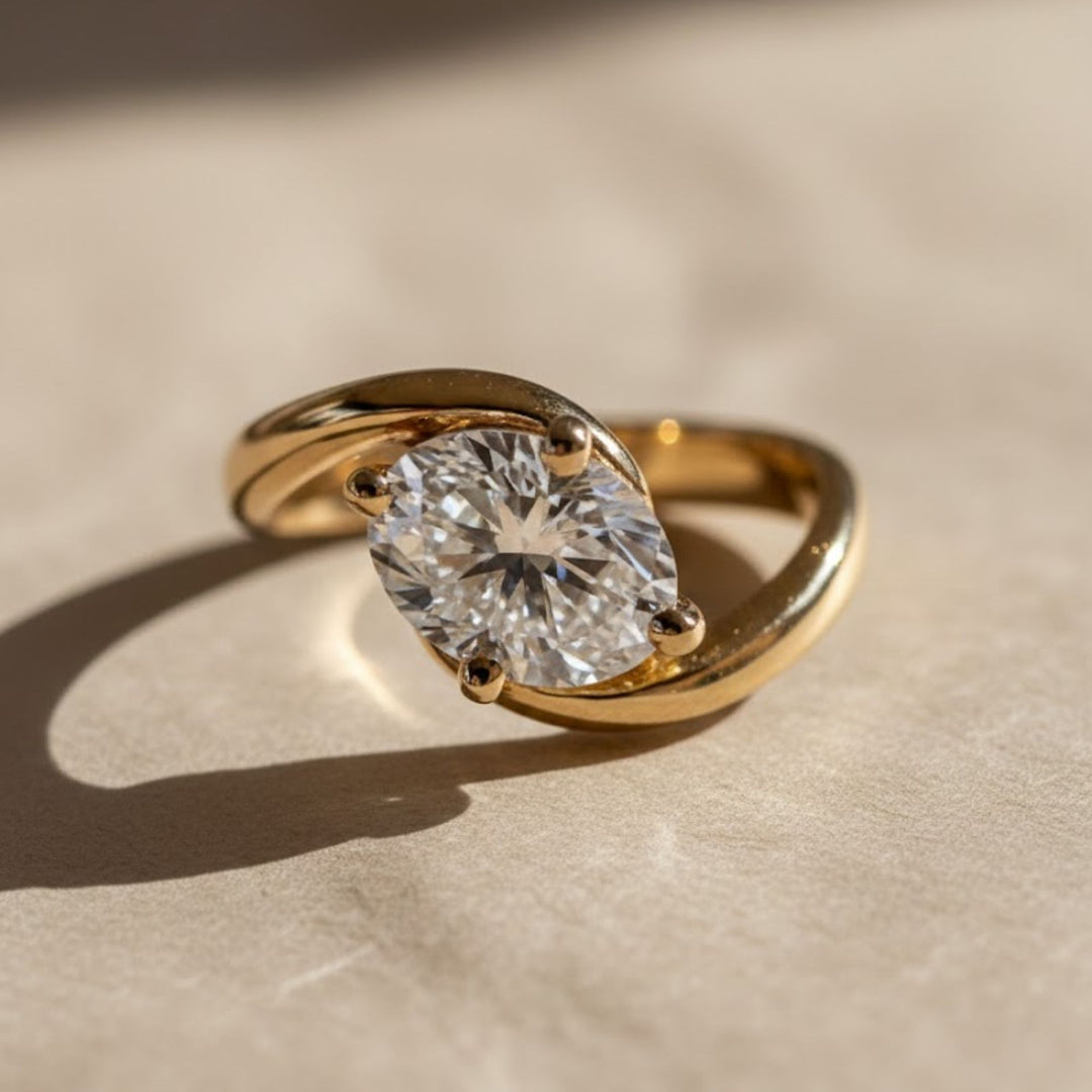 Lab Grown Diamond Ring, 2.00ct Oval Cut, 9K & 14K Gold, Prong Setting, Engagement, Solitaire, Modern Bypass Design, VS+ Clarity, F+ Color