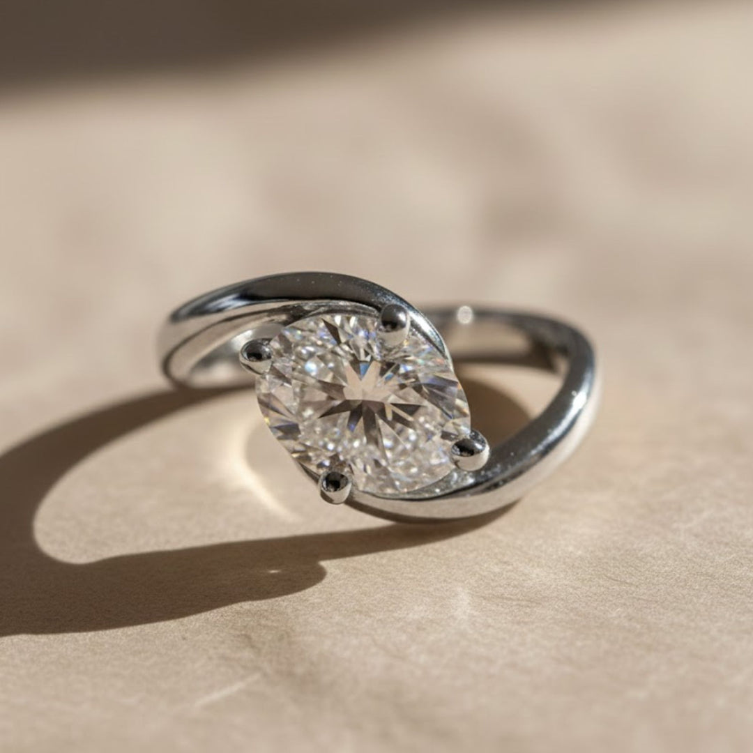 Lab Grown Diamond Ring, 2.00ct Oval Cut, 9K & 14K Gold, Prong Setting, Engagement, Solitaire, Modern Bypass Design, VS+ Clarity, F+ Color