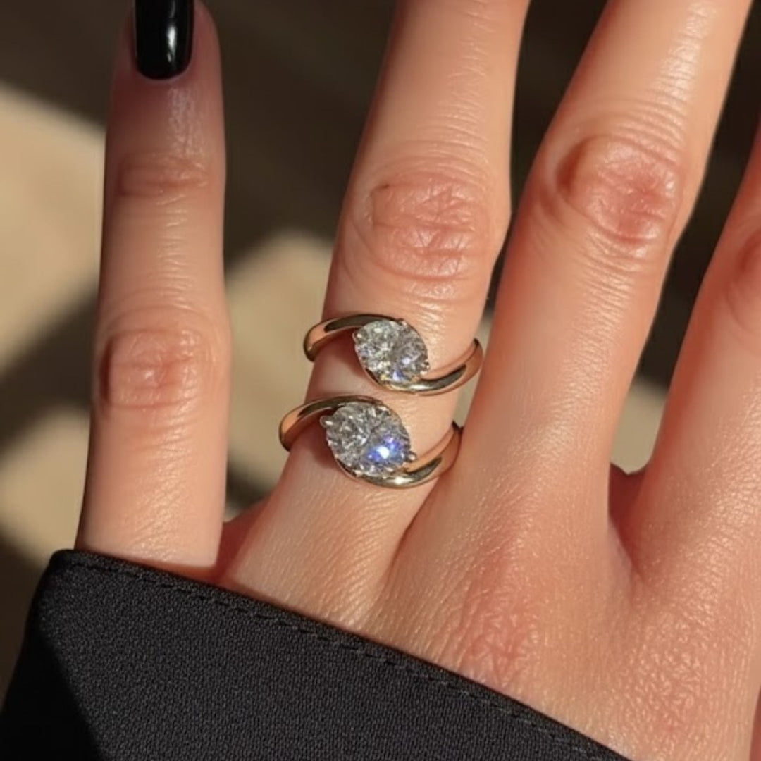 Lab Grown Diamond Ring, 2.00ct Oval Cut, 9K & 14K Gold, Prong Setting, Engagement, Solitaire, Modern Bypass Design, VS+ Clarity, F+ Color