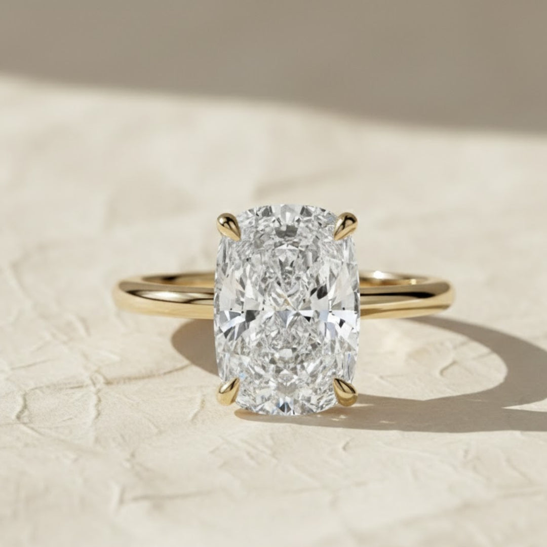 3 Carat Lab Diamond Ring / 3 CT Elongated Cushion Diamond / Elongated Cushion Cut Engagement Ring / 14k Yellow Gold / Thin Engagement Ring