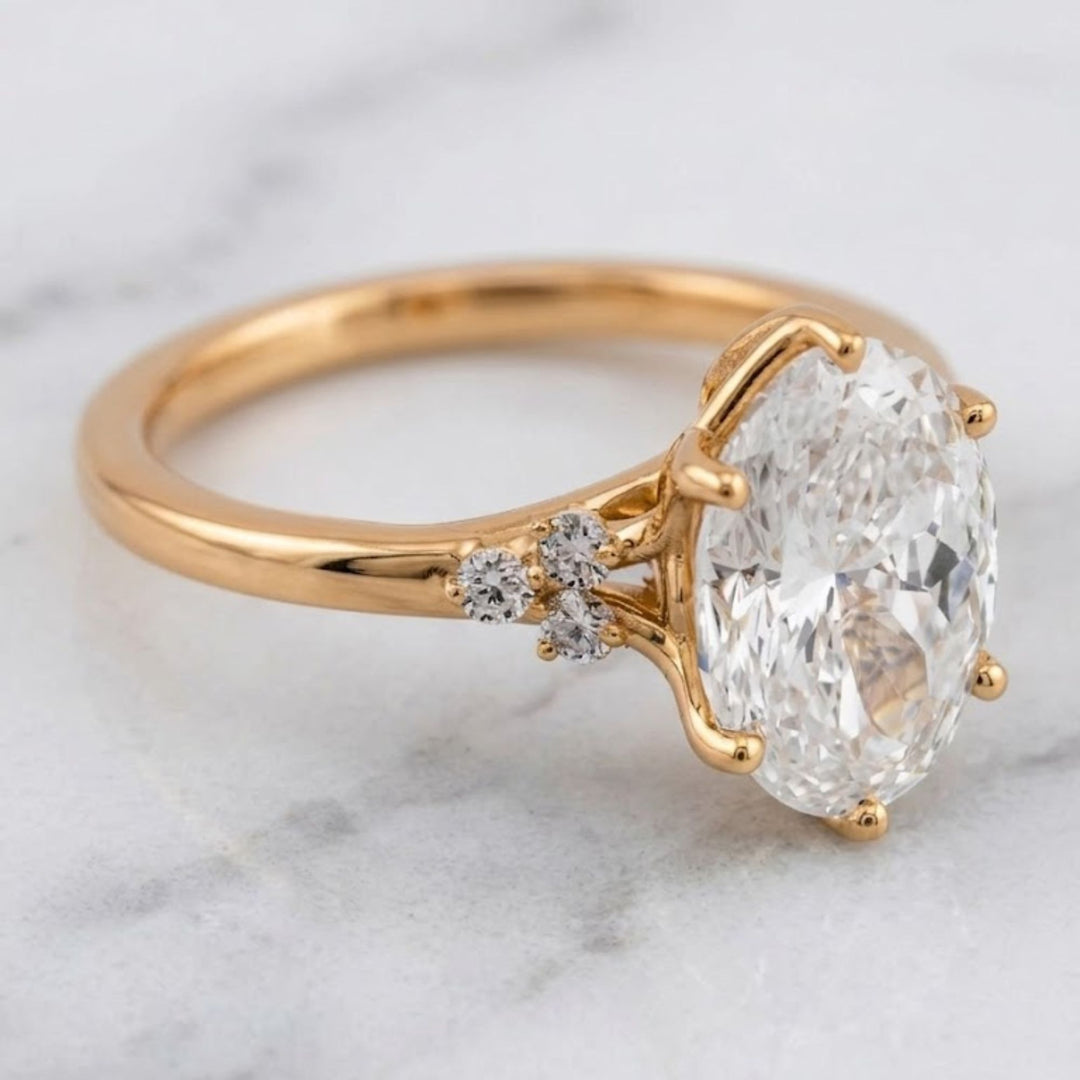 2.00 CT Oval Lab Grown Diamond Engagement Ring Set, Emerald & Diamond Accent Band, 9K–18K Solid Gold
