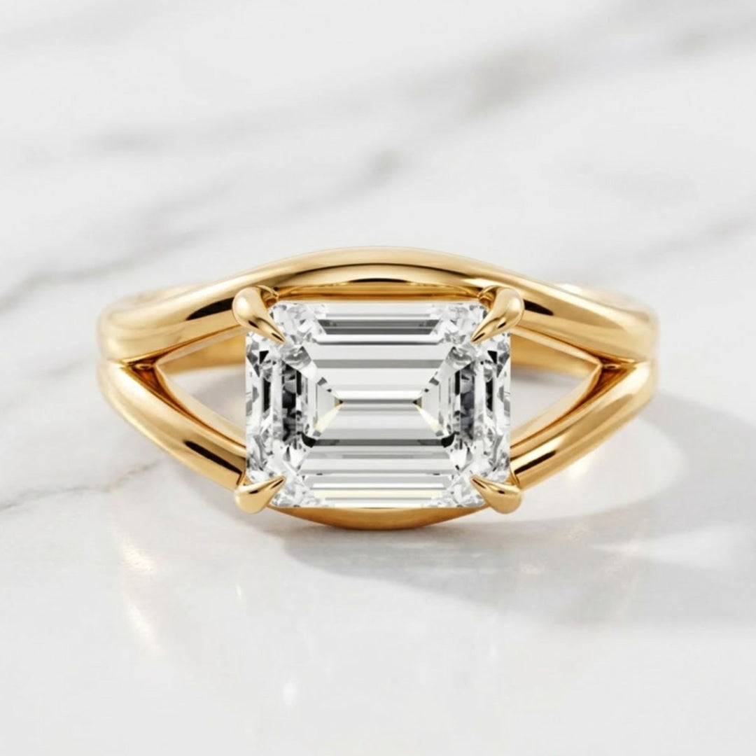 Split Shank Emerald Cut Diamond Engagement Ring: 14K Yellow Gold Wedding Ring, Proposal Ring, Emerald Promise Ring, Anniversary Gift