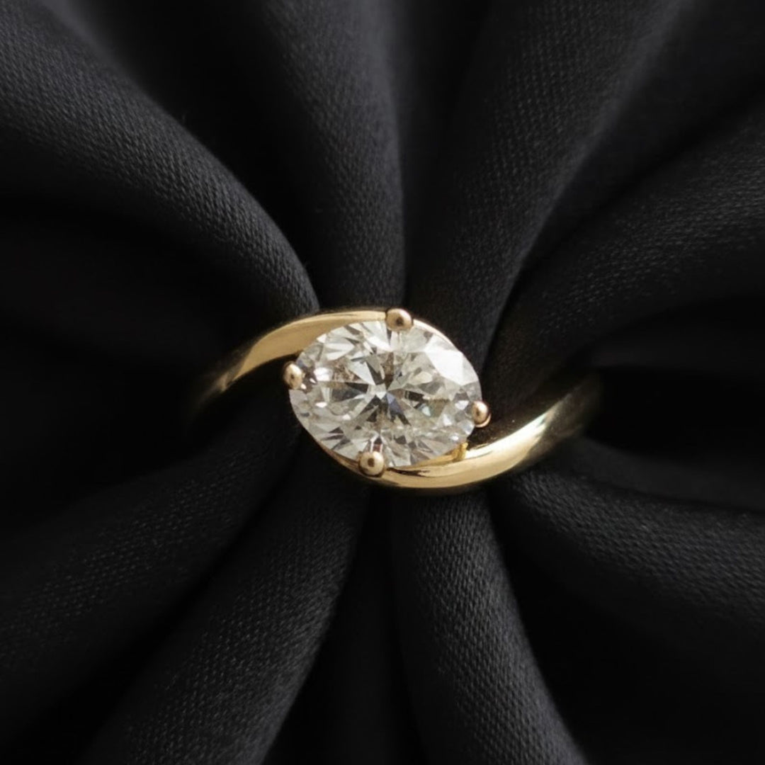 Lab Grown Diamond Ring, 2.00ct Oval Cut, 9K & 14K Gold, Prong Setting, Engagement, Solitaire, Modern Bypass Design, VS+ Clarity, F+ Color