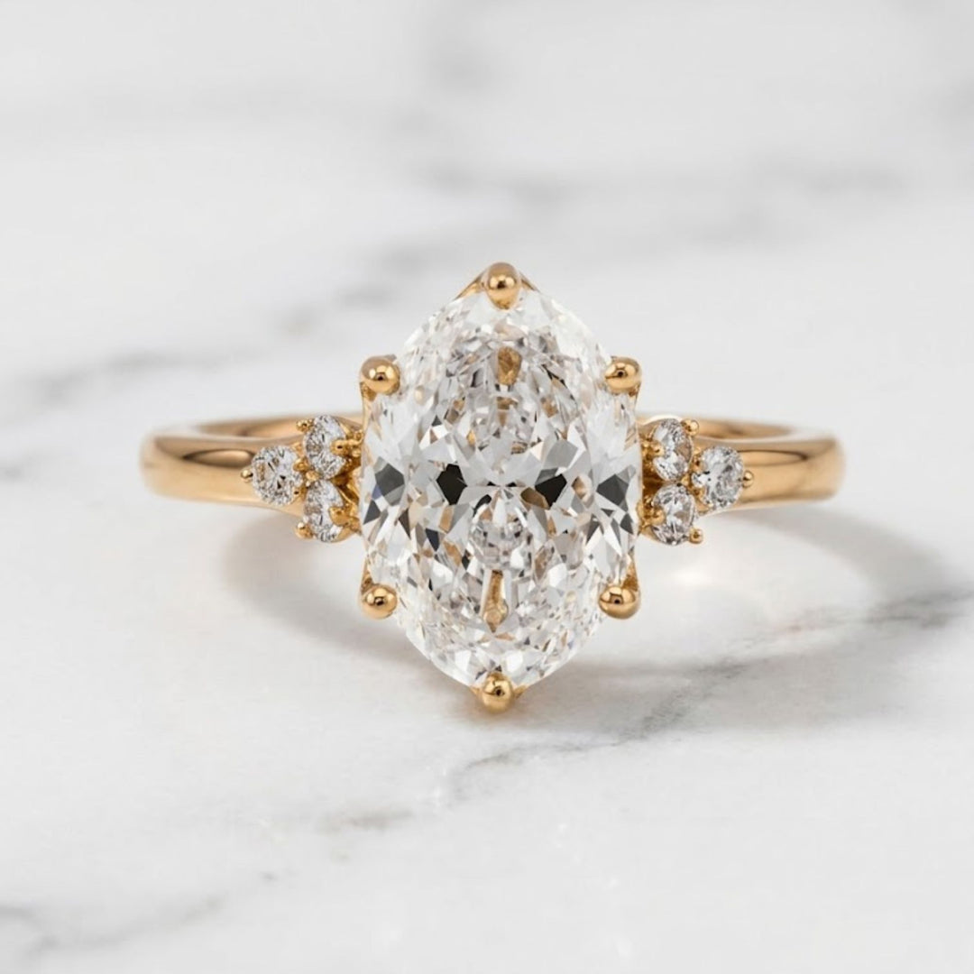 2.00 CT Oval Lab Grown Diamond Engagement Ring Set, Emerald & Diamond Accent Band, 9K–18K Solid Gold