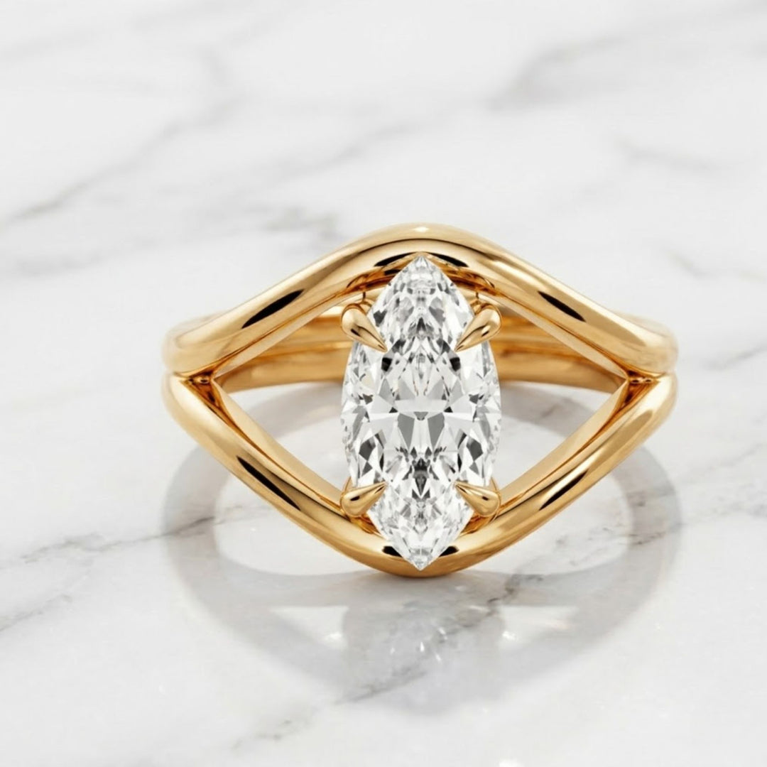 East West 1CT Marquise Cut Diamond Engagement Ring, Solitaire Marquise Ring 14K Solid Yellow Gold Ring Statement Ring