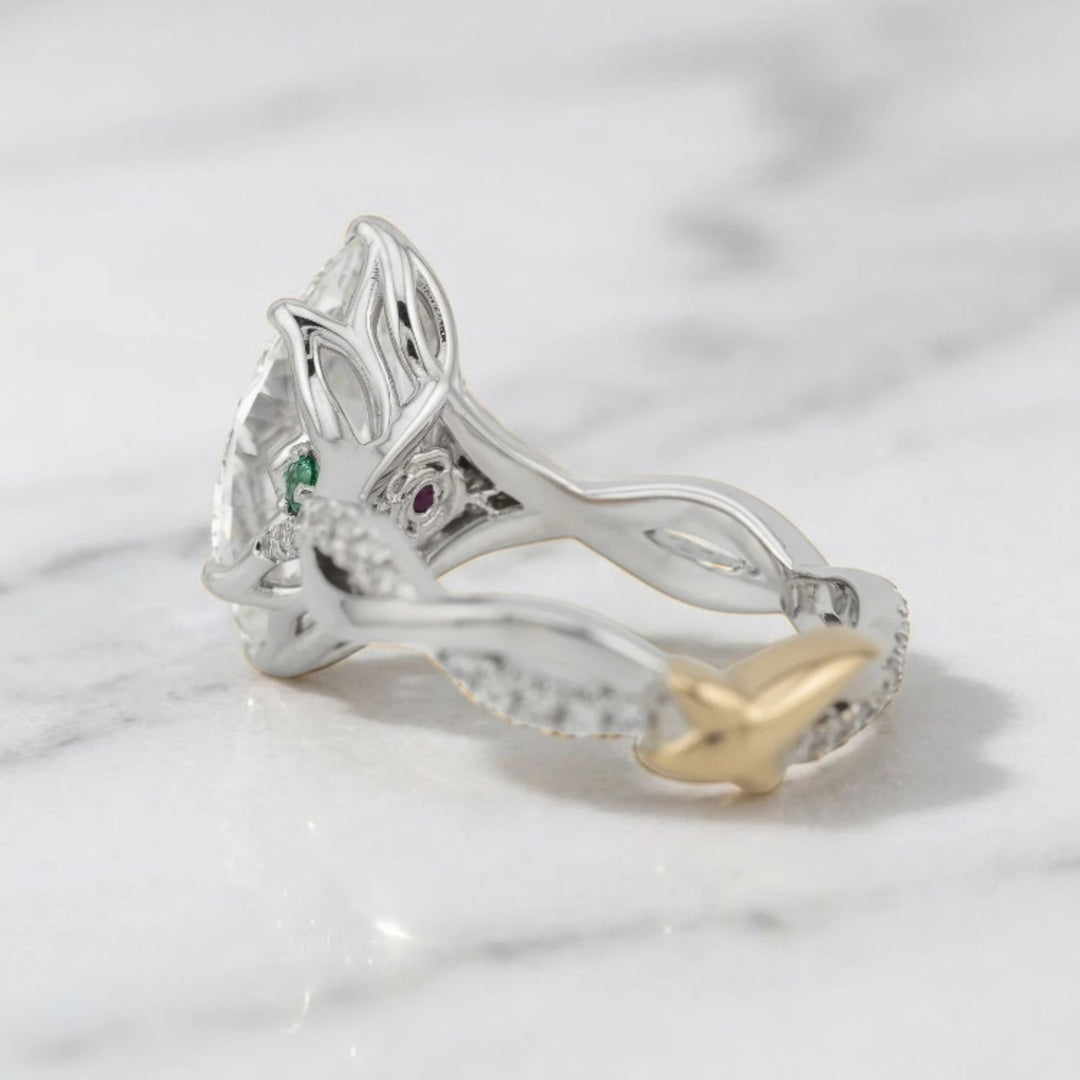 3.01 CT Marquise Diamond Engagement Ring with Delicate Pavé Twisted Band, Emerald Side Accent & Hidden Ruby
