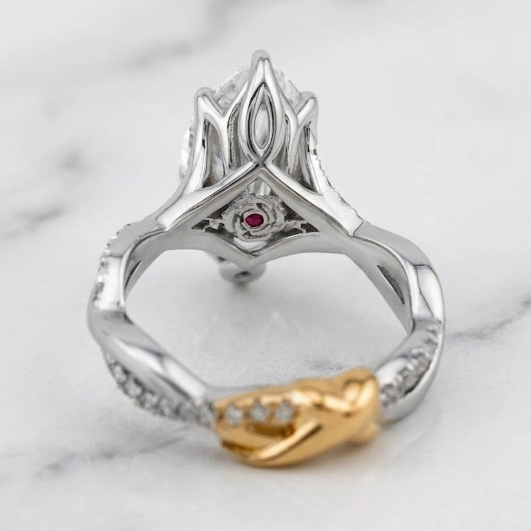 3.01 CT Marquise Diamond Engagement Ring with Delicate Pavé Twisted Band, Emerald Side Accent & Hidden Ruby