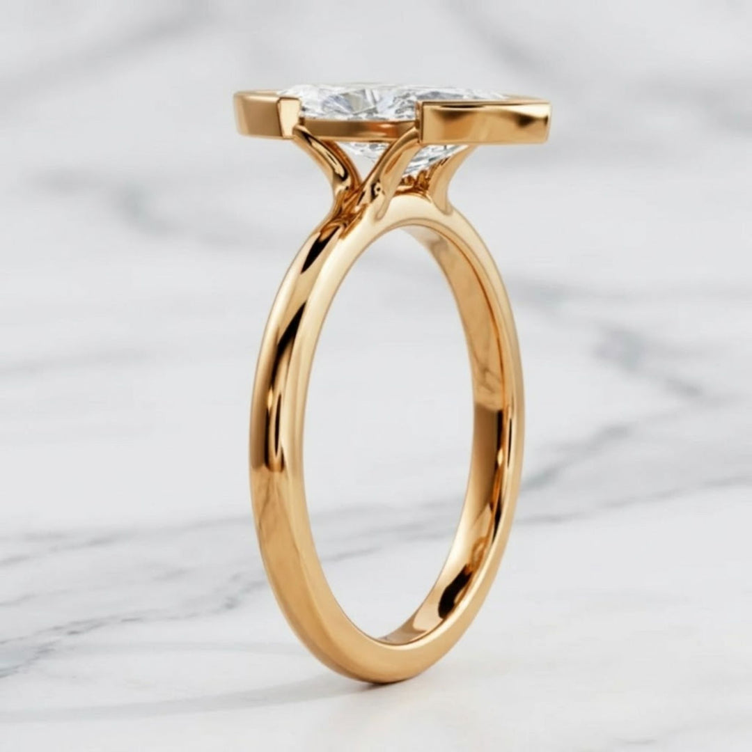 2 Carat Elongated Marquise F VS+ Lab Grown Diamond One of a Kind Solitaire Ring, 14k Gold Half Bezel minimalist Modern Engagement Ring