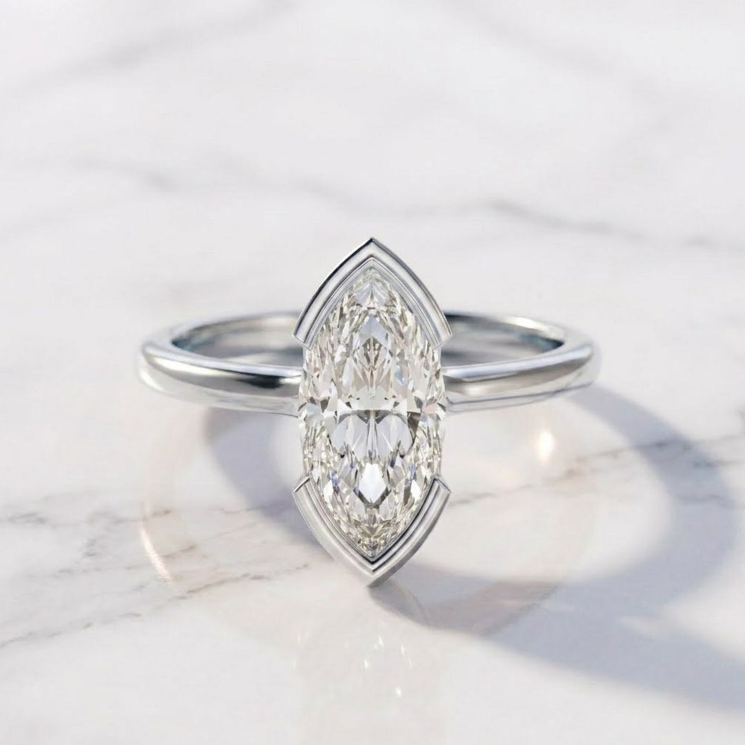 2 Carat Elongated Marquise F VS+ Lab Grown Diamond One of a Kind Solitaire Ring, 14k Gold Half Bezel minimalist Modern Engagement Ring