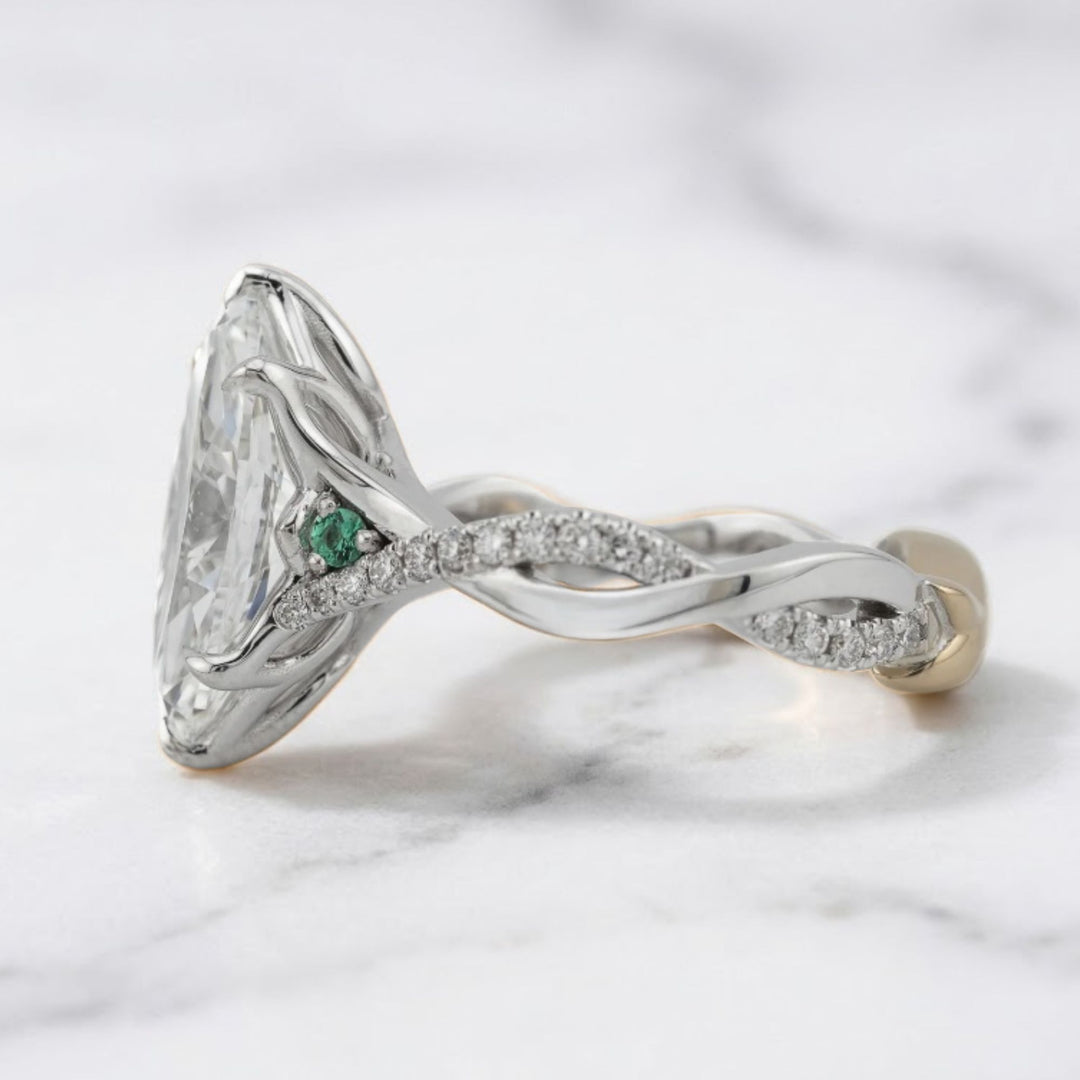 3.01 CT Marquise Diamond Engagement Ring with Delicate Pavé Twisted Band, Emerald Side Accent & Hidden Ruby
