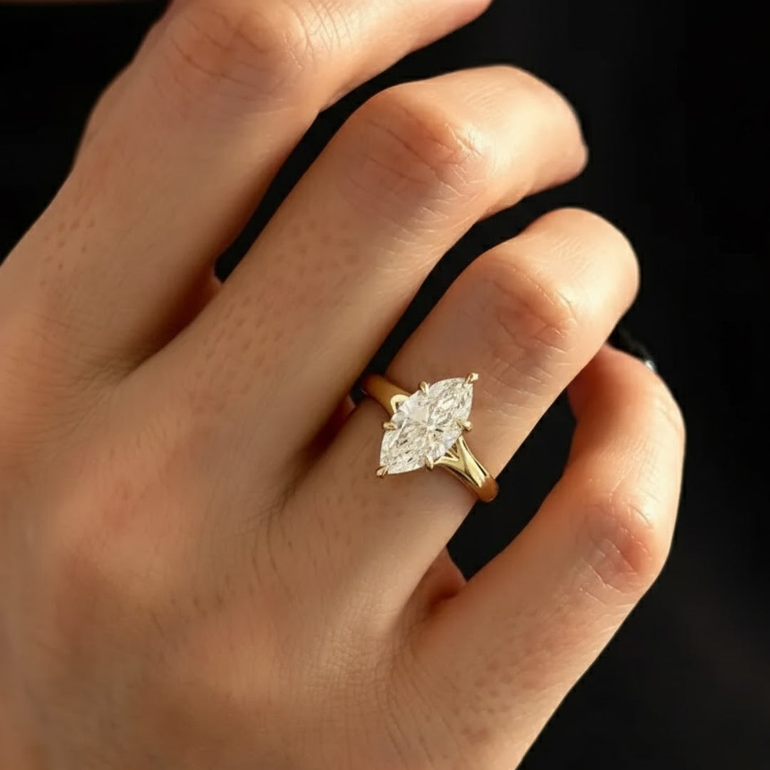 2 Carat Marquise F VS+ Lab Grown Diamond 2.7MM Solitaire Ring / Split Shank Cathedral Engagement Ring in 14k Yellow Gold / Thick Band