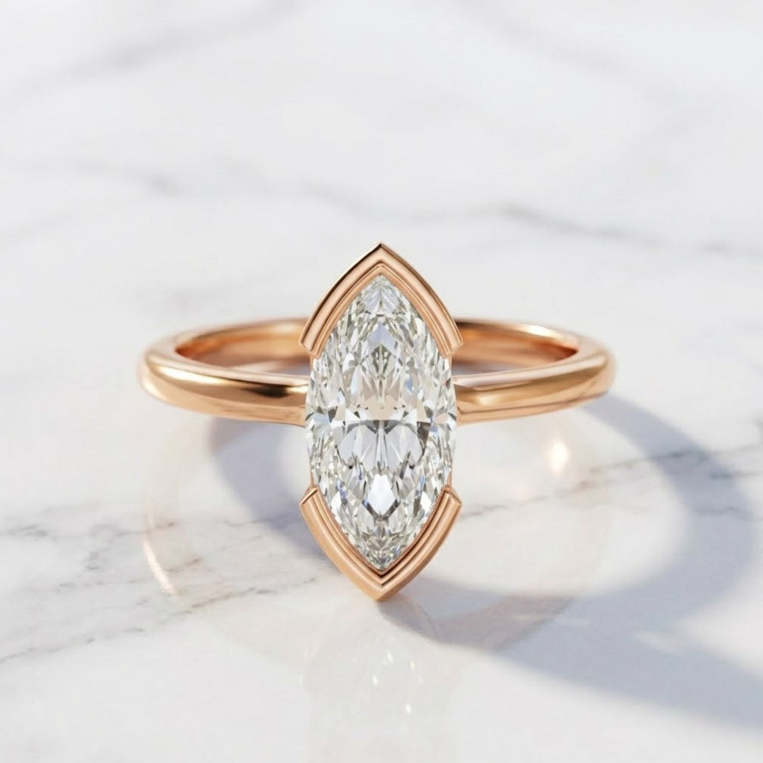 2 Carat Elongated Marquise F VS+ Lab Grown Diamond One of a Kind Solitaire Ring, 14k Gold Half Bezel minimalist Modern Engagement Ring